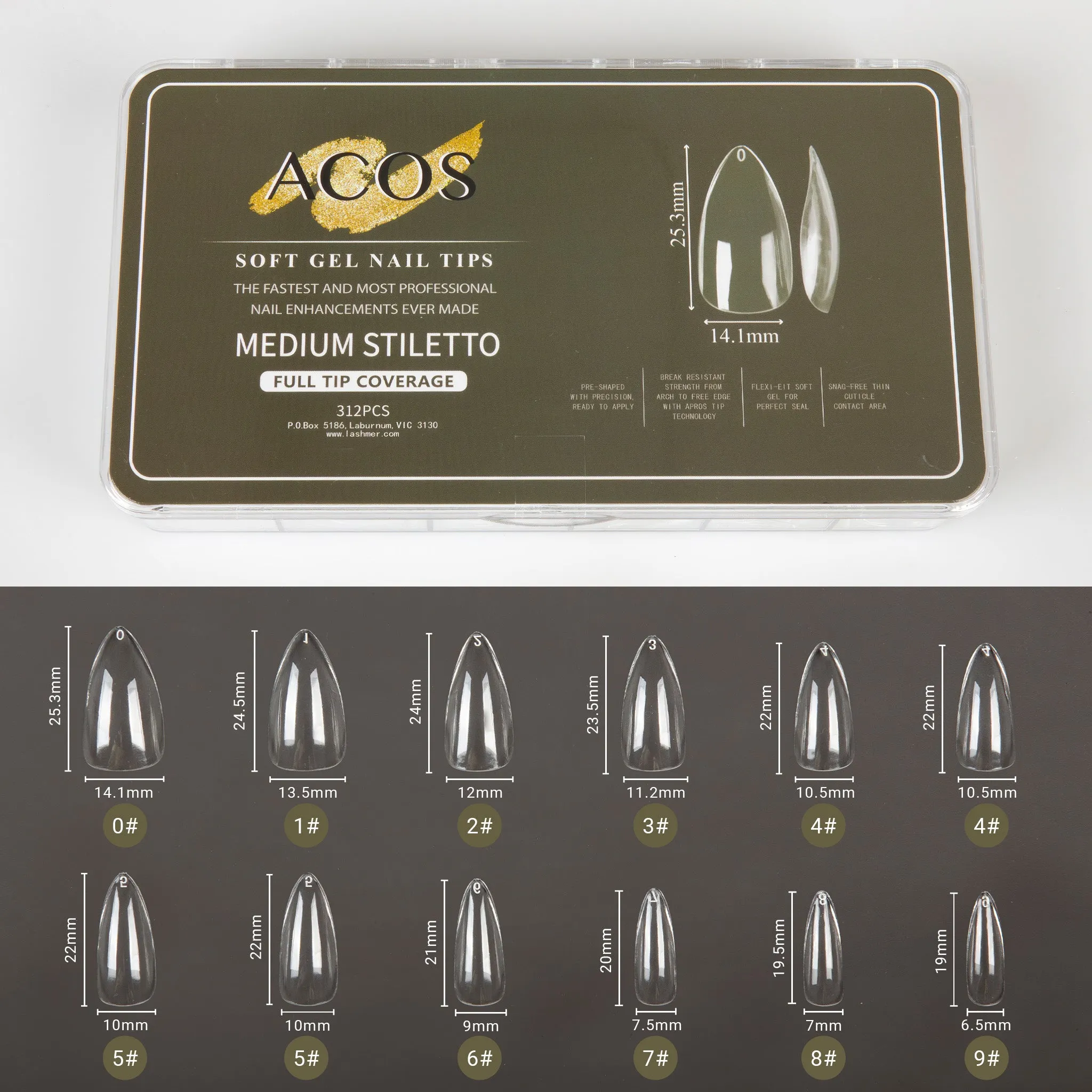 ACOS Soft Gel Nail Tips (Full Tip Coverage) - STILETTO Shape (312pcs/box)