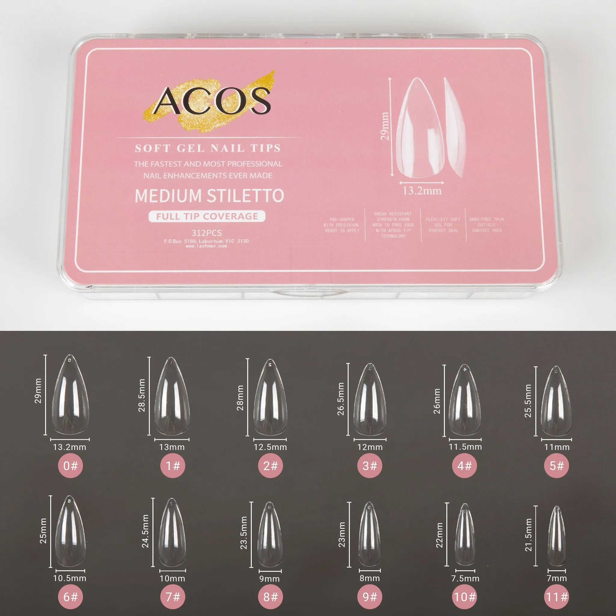 ACOS Soft Gel Nail Tips (Full Tip Coverage) - STILETTO Shape (312pcs/box)