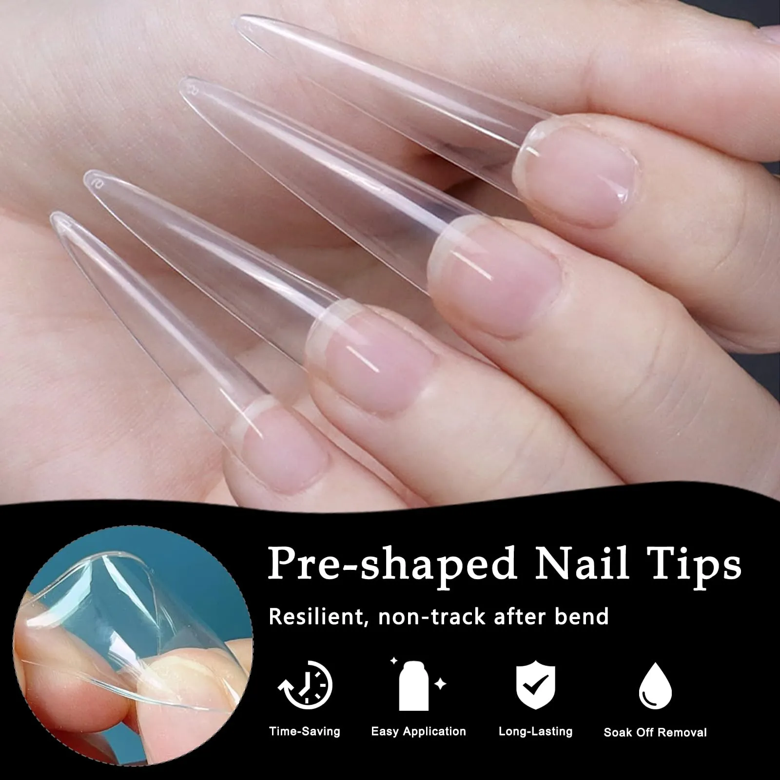 AddFavor 3XL Stiletto Nail Tips 240pcs Clear Extra Long Full Cover Fake Nails No C Curve Artificial Acrylic Nail Tips for Professional Nails Salon and Home DIY Manicure