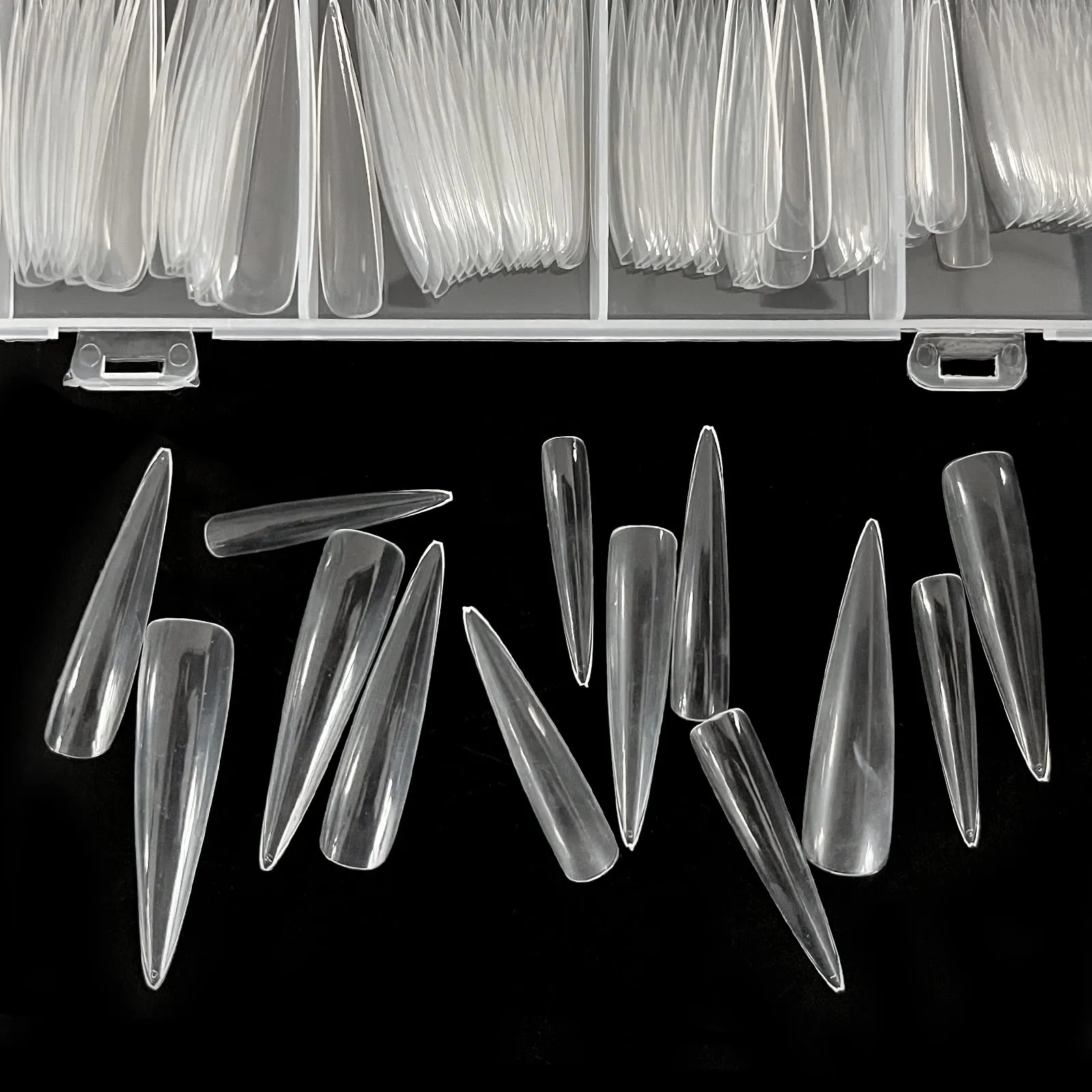 AddFavor 3XL Stiletto Nail Tips 240pcs Clear Extra Long Full Cover Fake Nails No C Curve Artificial Acrylic Nail Tips for Professional Nails Salon and Home DIY Manicure