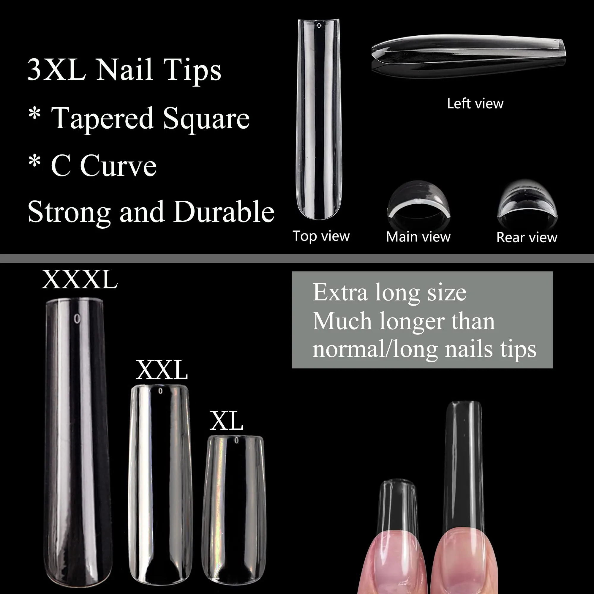 AddFavor 600pcs 3XL Square Clear Nail Tips Full Cover Extra Long Straight Square Acrylic Fake Nails Professional False Nail Tip for Salons & Home DIY, 12 Sizes