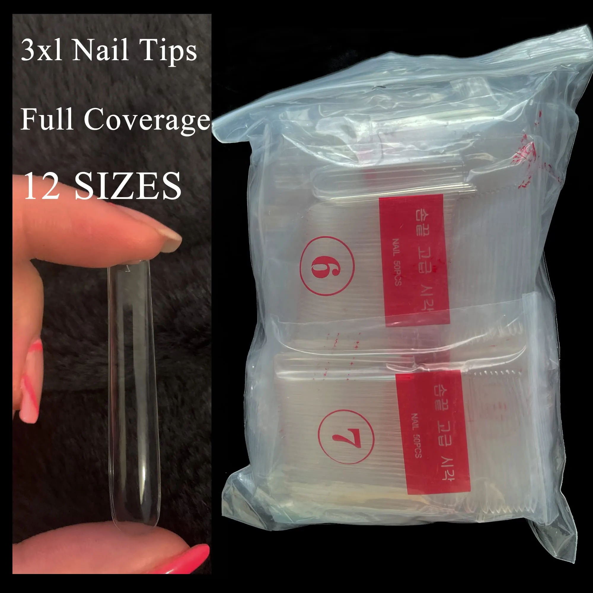 AddFavor 600pcs 3XL Square Clear Nail Tips Full Cover Extra Long Straight Square Acrylic Fake Nails Professional False Nail Tip for Salons & Home DIY, 12 Sizes