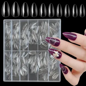 AddFavor 600pcs Almond Nail Tips Medium Length Clear Full Cover Soft Gel x False Nail Tips 12 Sizes for Acrylic Nail/Extension Gel Nail Art