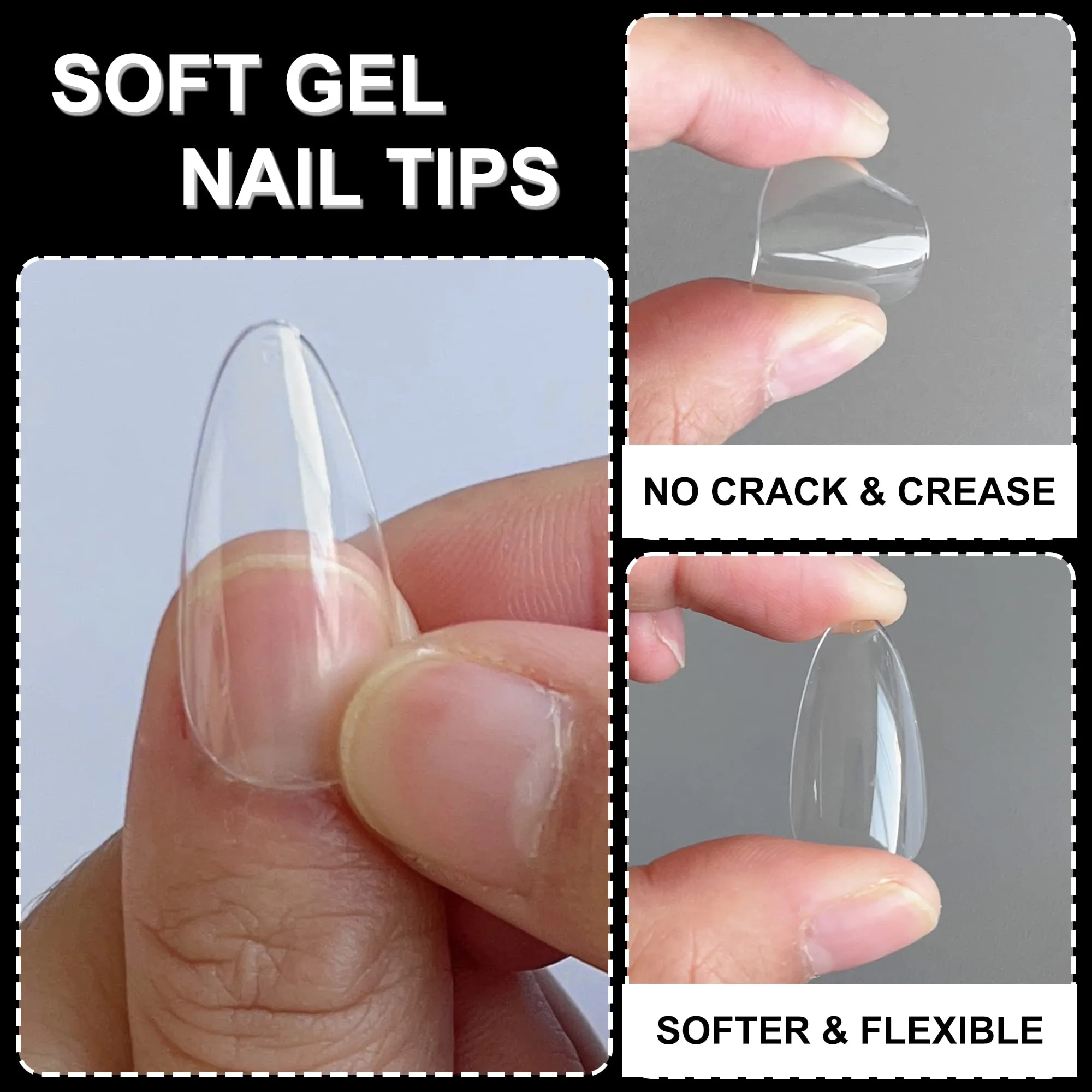 AddFavor 600pcs Almond Nail Tips Medium Length Clear Full Cover Soft Gel x False Nail Tips 12 Sizes for Acrylic Nail/Extension Gel Nail Art