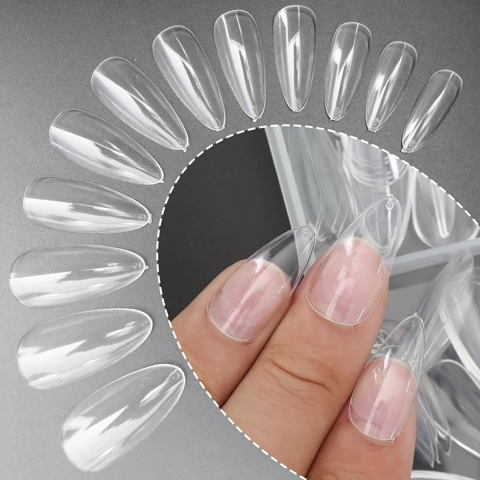 AddFavor 600pcs Almond Nail Tips Medium Length Clear Full Cover Soft Gel x False Nail Tips 12 Sizes for Acrylic Nail/Extension Gel Nail Art