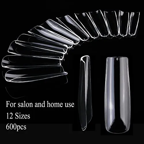 AddFavor 600pcs Clear Nail Tips Straight Tapered Square Nail Tips Full Cover Extra Long XXL No C Curve Squoval Nails Acrylic False Nail for Salon Home DIY Manicure