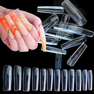 AddFavor 600pcs Clear Nail Tips Straight Tapered Square Nail Tips Full Cover Extra Long XXL No C Curve Squoval Nails Acrylic False Nail for Salon Home DIY Manicure