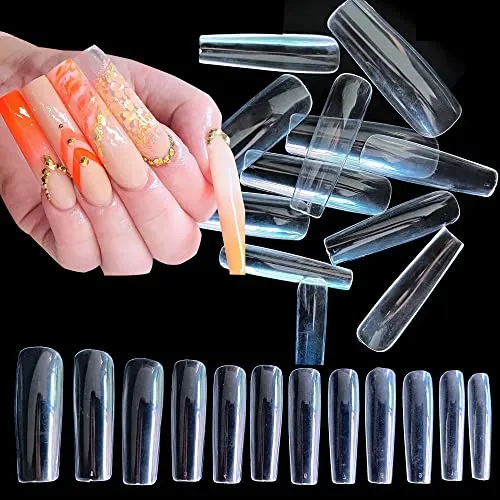AddFavor 600pcs Clear Nail Tips Straight Tapered Square Nail Tips Full Cover Extra Long XXL No C Curve Squoval Nails Acrylic False Nail for Salon Home DIY Manicure