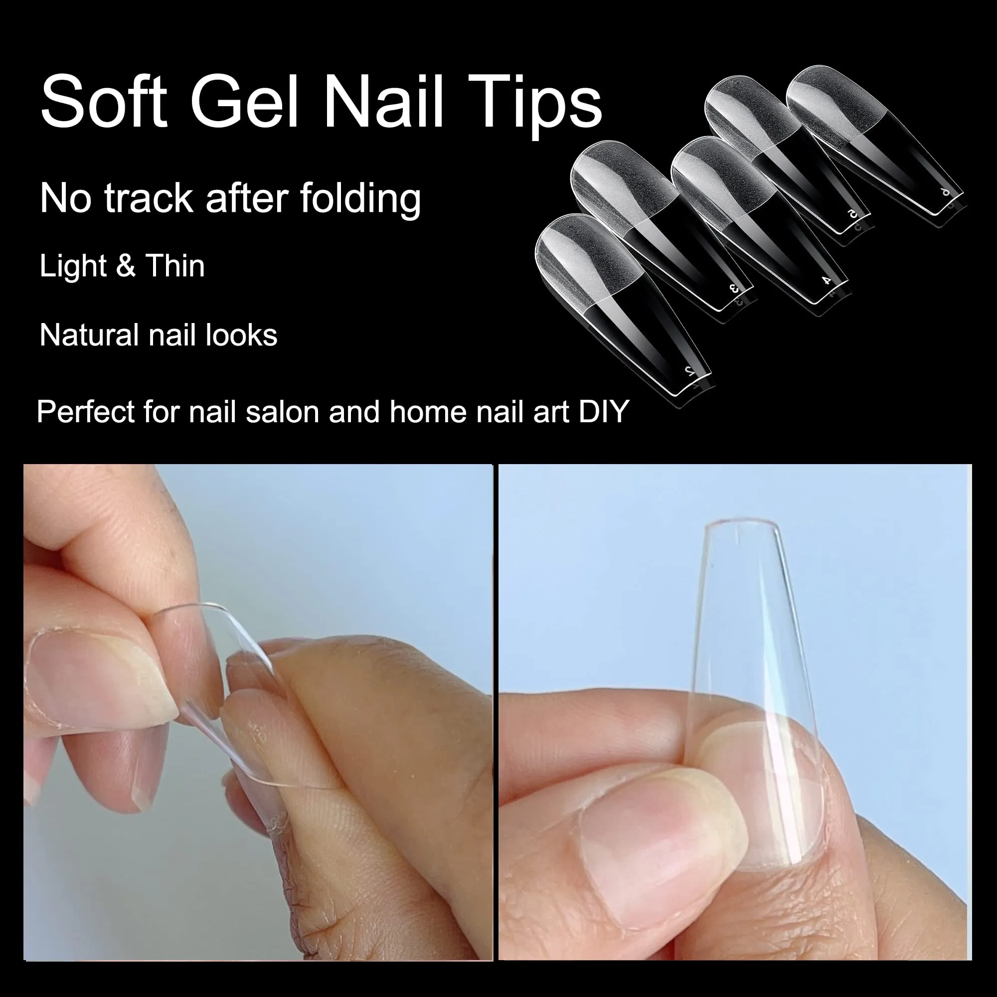 AddFavor 600pcs Long Coffin Gel x Nail Tips Clear Full Cover Ballerina Fake Nails Acrylic False Nail Tip for Salon and Home Nail Design 12 Sizes