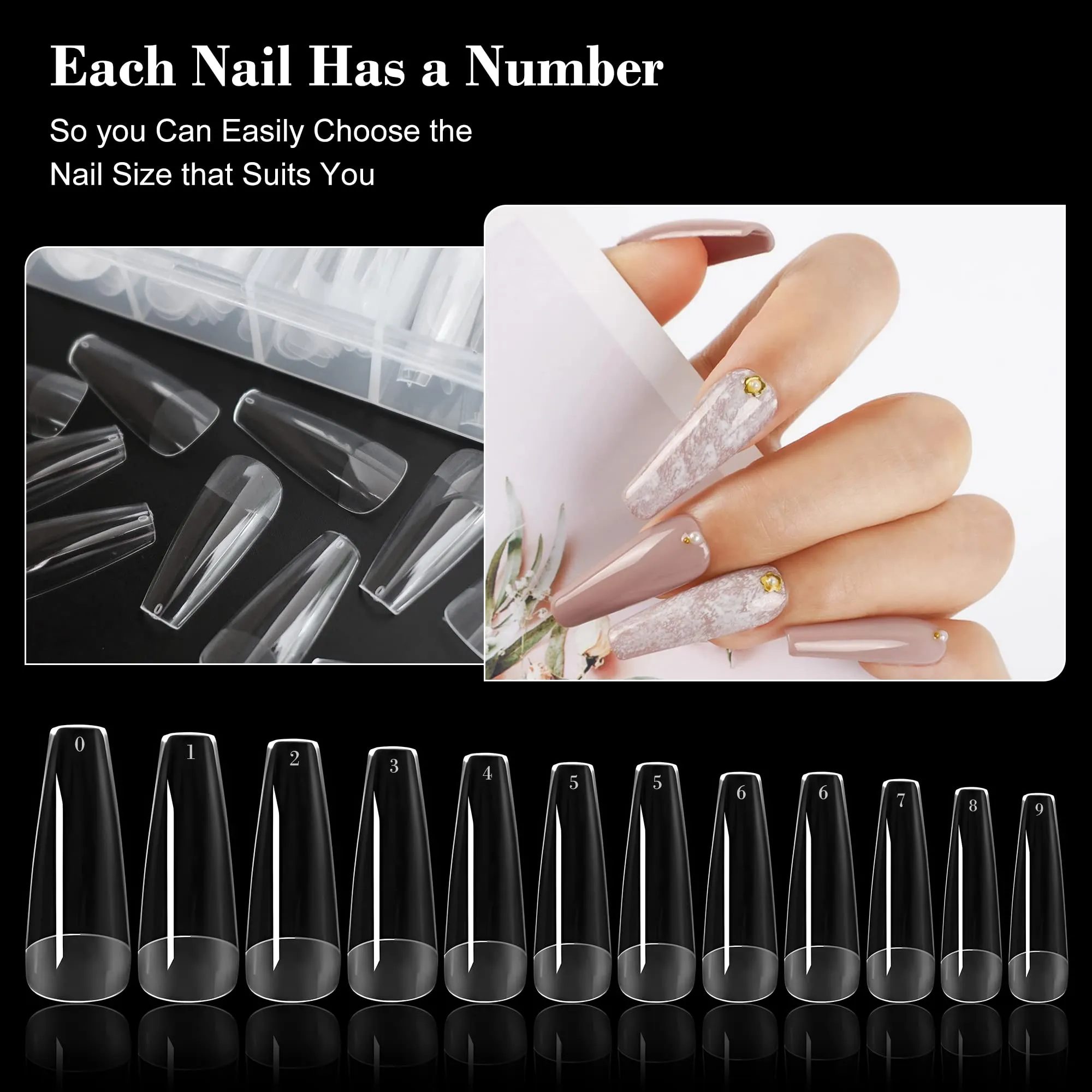 AddFavor 600pcs Long Coffin Gel x Nail Tips Clear Full Cover Ballerina Fake Nails Acrylic False Nail Tip for Salon and Home Nail Design 12 Sizes
