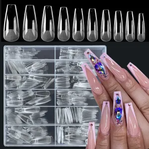 AddFavor 600pcs Long Coffin Gel x Nail Tips Clear Full Cover Ballerina Fake Nails Acrylic False Nail Tip for Salon and Home Nail Design 12 Sizes
