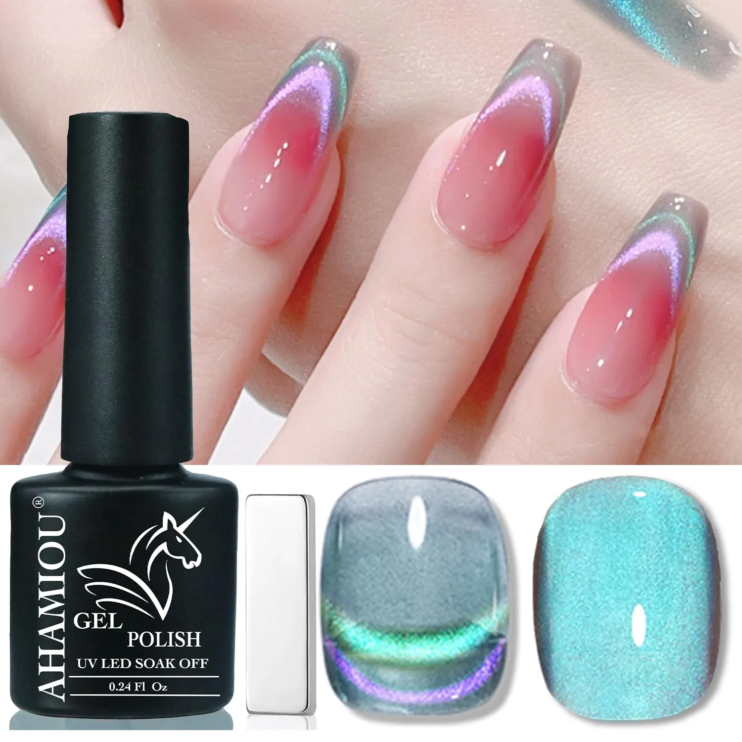 AHAMIOU 9D Cat Eye Gel Polish Set Crystal Dopamine Magnetic Gel Nail Polish Kit Chameleon Galaxy Glitter Cat Eye Effect Nail Art Manicure Home Gift (Blue&Purple)
