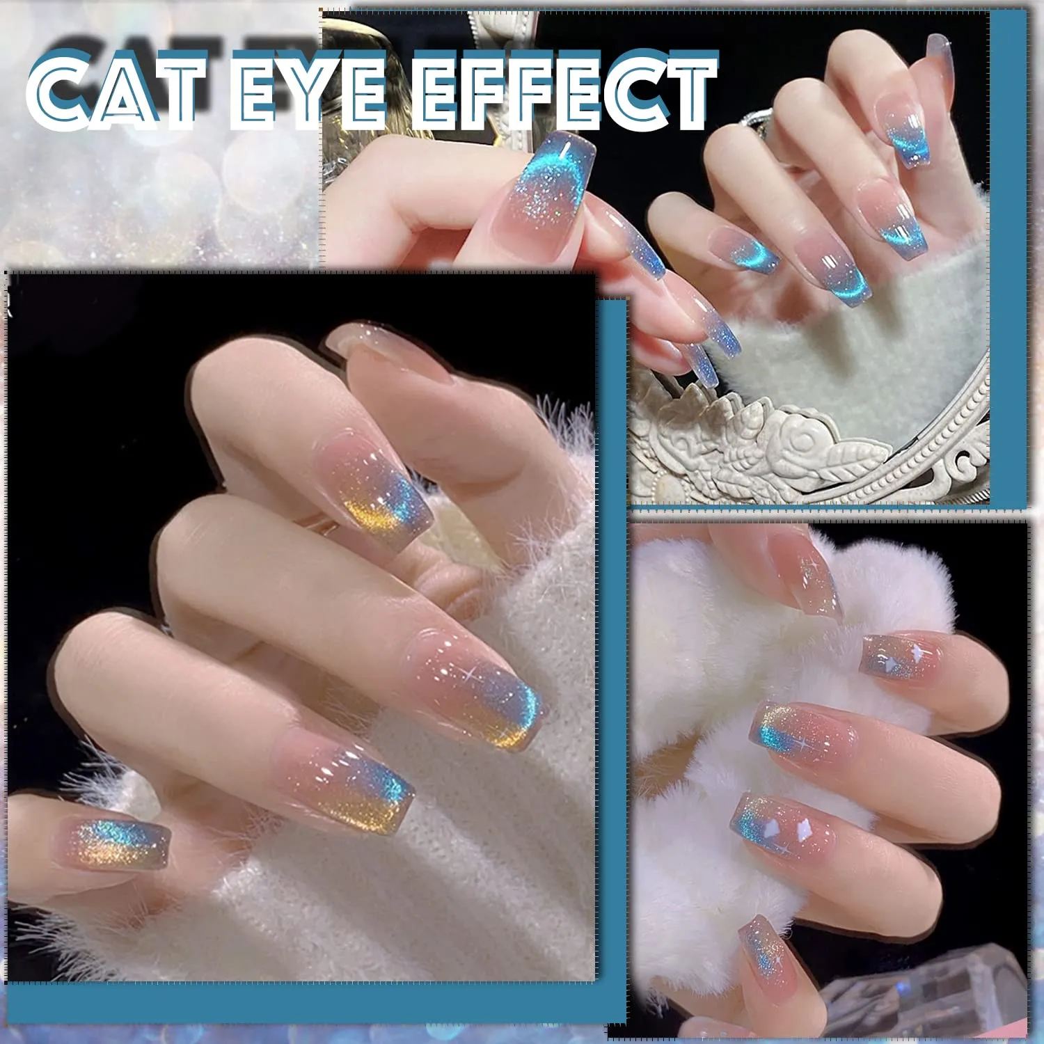 AHAMIOU Crystal Cat Eye Gel Polish Kits 9D Holographic Magnetic Cats Eyes Gel Nail Polish Shiny Glitter Laser Varnish UV Gel Varnish Nail Art Manicure Kit,Diamond Sky Blue