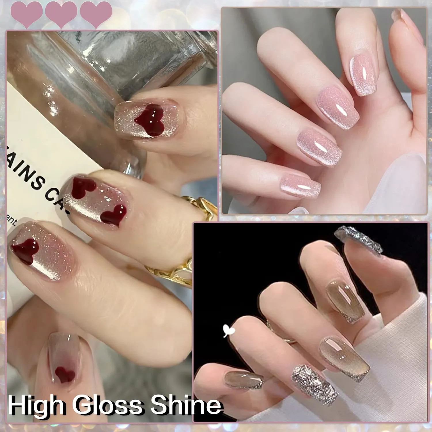 AHAMIOU Crystal Cat Eye Gel Polish Kits Magnetic Nail Polish Set Holographic Cats Eyes Gel Nail Polish Shiny Diamond Glitter Gel with Magnet Stick (2PCS-beige&pink)