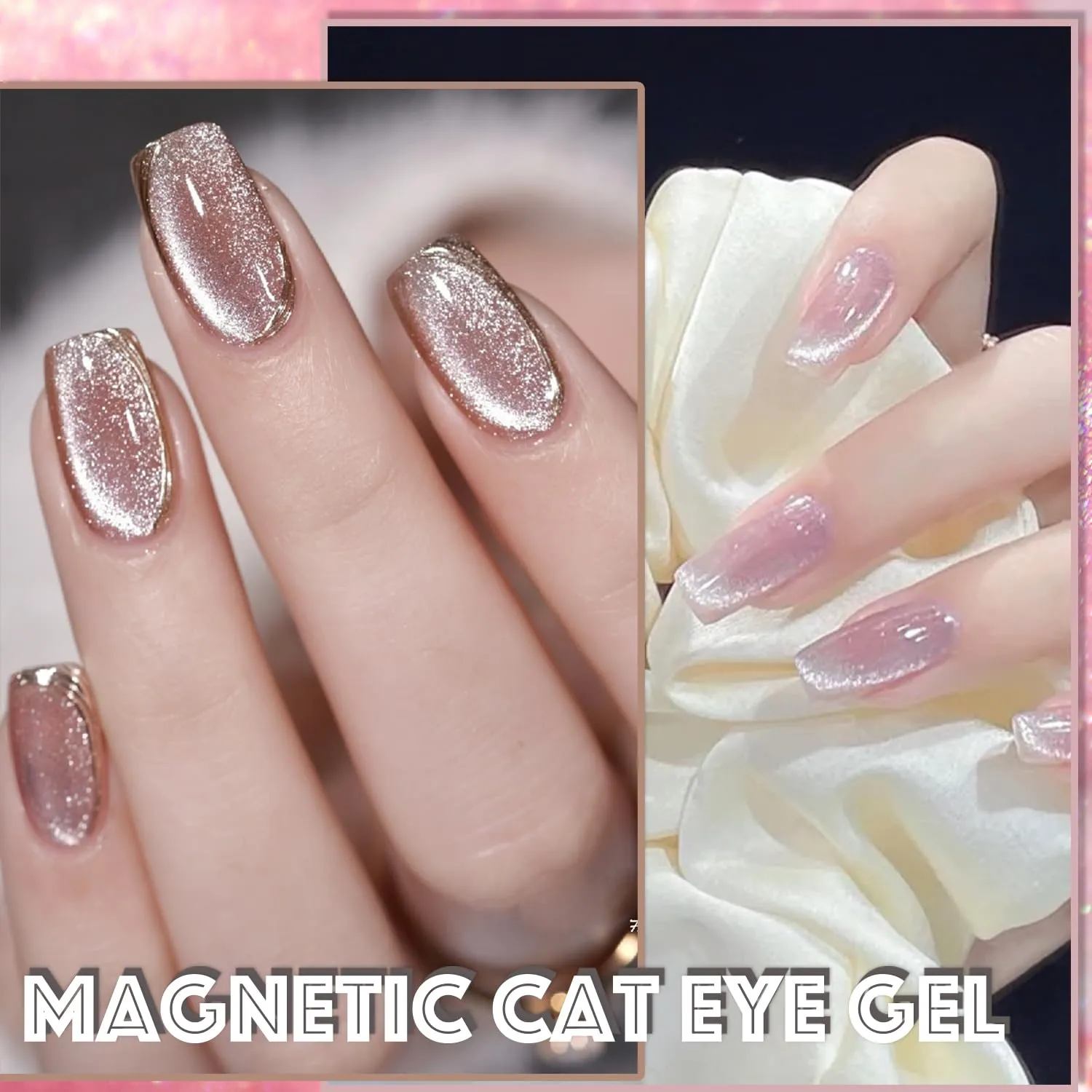 AHAMIOU Crystal Cat Eye Gel Polish Kits Magnetic Nail Polish Set Holographic Cats Eyes Gel Nail Polish Shiny Diamond Glitter Gel with Magnet Stick (2PCS-beige&pink)