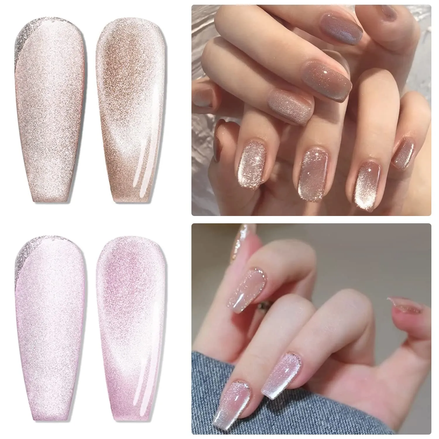 AHAMIOU Crystal Cat Eye Gel Polish Kits Magnetic Nail Polish Set Holographic Cats Eyes Gel Nail Polish Shiny Diamond Glitter Gel with Magnet Stick (2PCS-beige&pink)
