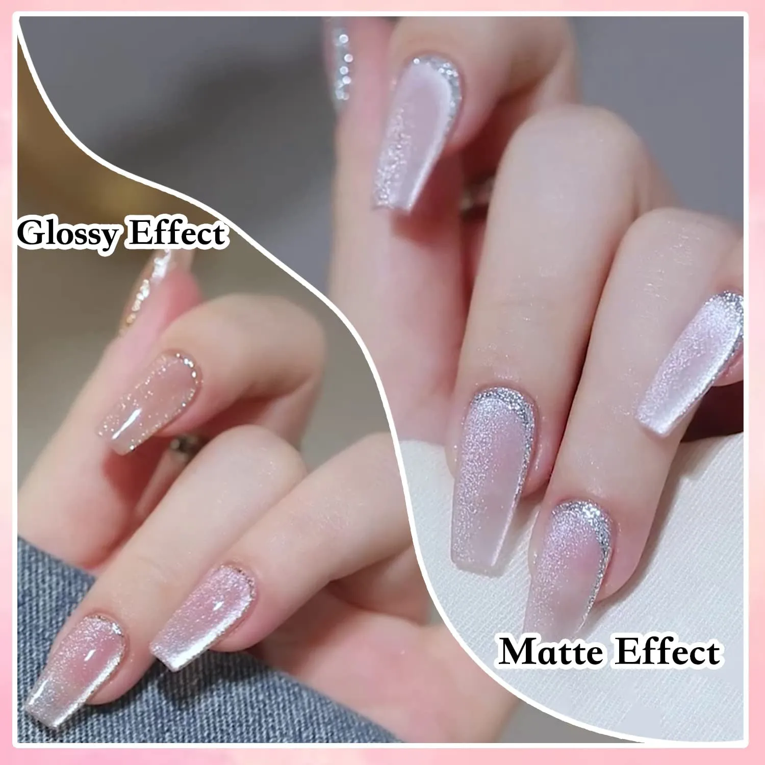 AHAMIOU Crystal Cat Eye Gel Polish Kits Magnetic Nail Polish Set Holographic Cats Eyes Gel Nail Polish Shiny Diamond Glitter Gel with Magnet Stick (2PCS-beige&pink)