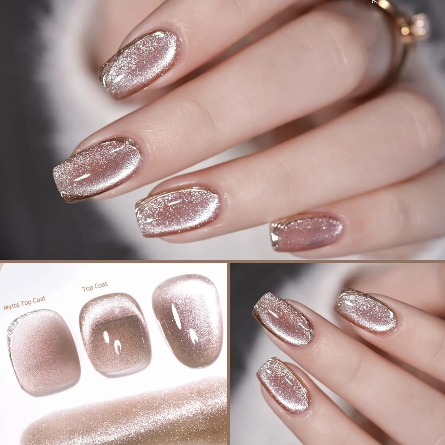 AHAMIOU Crystal Cat Eye Gel Polish Kits Magnetic Nail Polish Set Holographic Cats Eyes Gel Nail Polish Shiny Diamond Glitter Gel with Magnet Stick (2PCS-beige&pink)