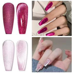 AHAMIOU Crystal Cat Eye Gel Polish Kits Magnetic Nail Polish Set Holographic Cats Eyes Gel Nail Polish Shiny Diamond Glitter Gel with Magnet Stick (2PCS-pink&dark pink)