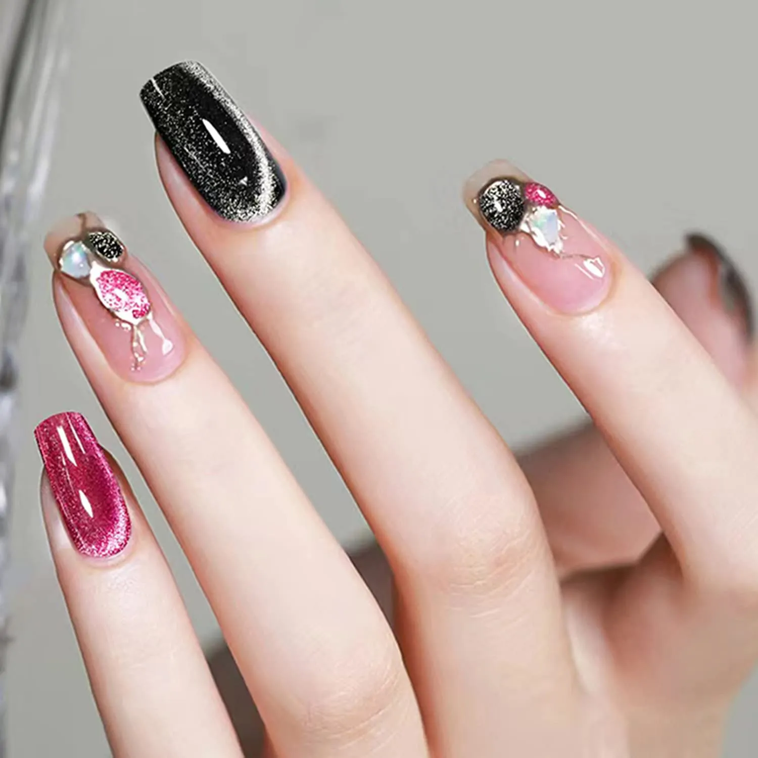 AHAMIOU Crystal Cat Eye Gel Polish Kits Magnetic Nail Polish Set Holographic Cats Eyes Gel Nail Polish Shiny Diamond Glitter Gel with Magnet Stick (2PCS-pink&dark pink)