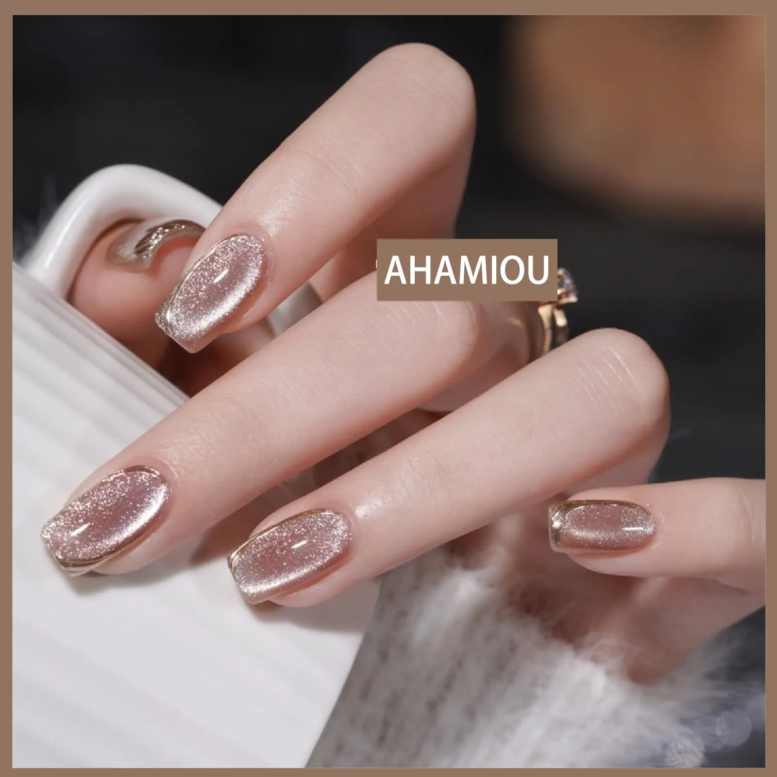 AHAMIOU Crystal Cat Eye Gel Polish Kits Magnetic Nail Polish Set Holographic Cats Eyes Gel Nail Polish Shiny Diamond Glitter Gel with Magnet Stick (Beige)
