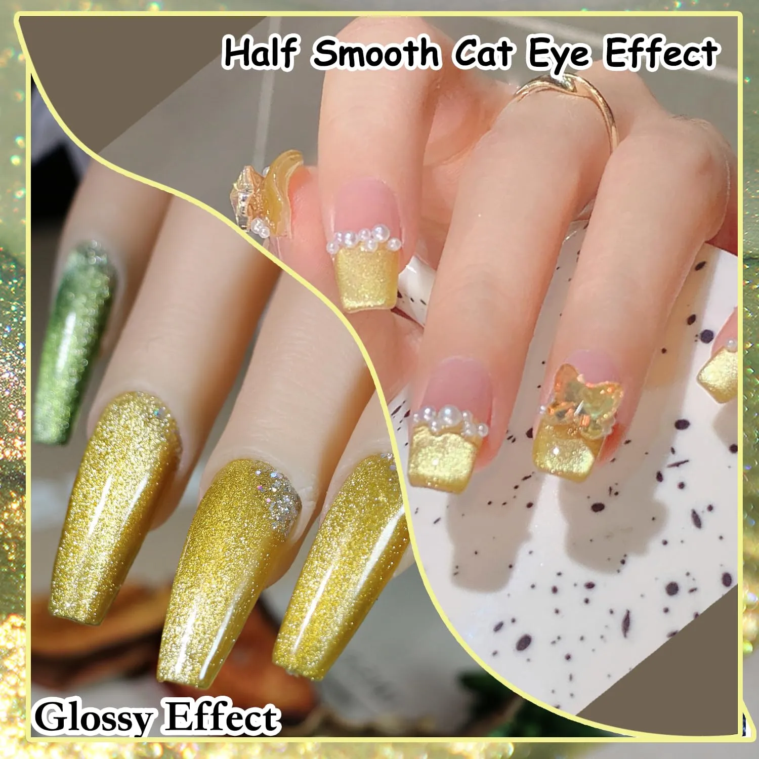 AHAMIOU Crystal Cat Eye Gel Polish Kits Magnetic Nail Polish Set Holographic Cats Eyes Gel Nail Polish Shiny Diamond Glitter Gel with Magnet Stick (Golden Yellow)