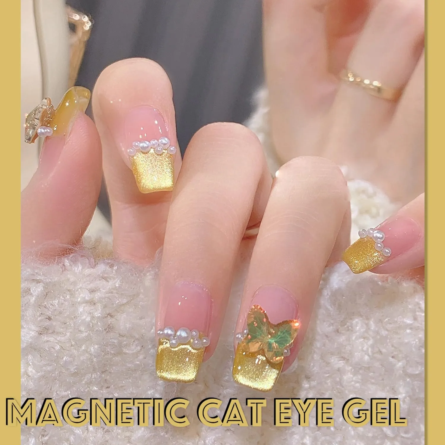AHAMIOU Crystal Cat Eye Gel Polish Kits Magnetic Nail Polish Set Holographic Cats Eyes Gel Nail Polish Shiny Diamond Glitter Gel with Magnet Stick (Golden Yellow)