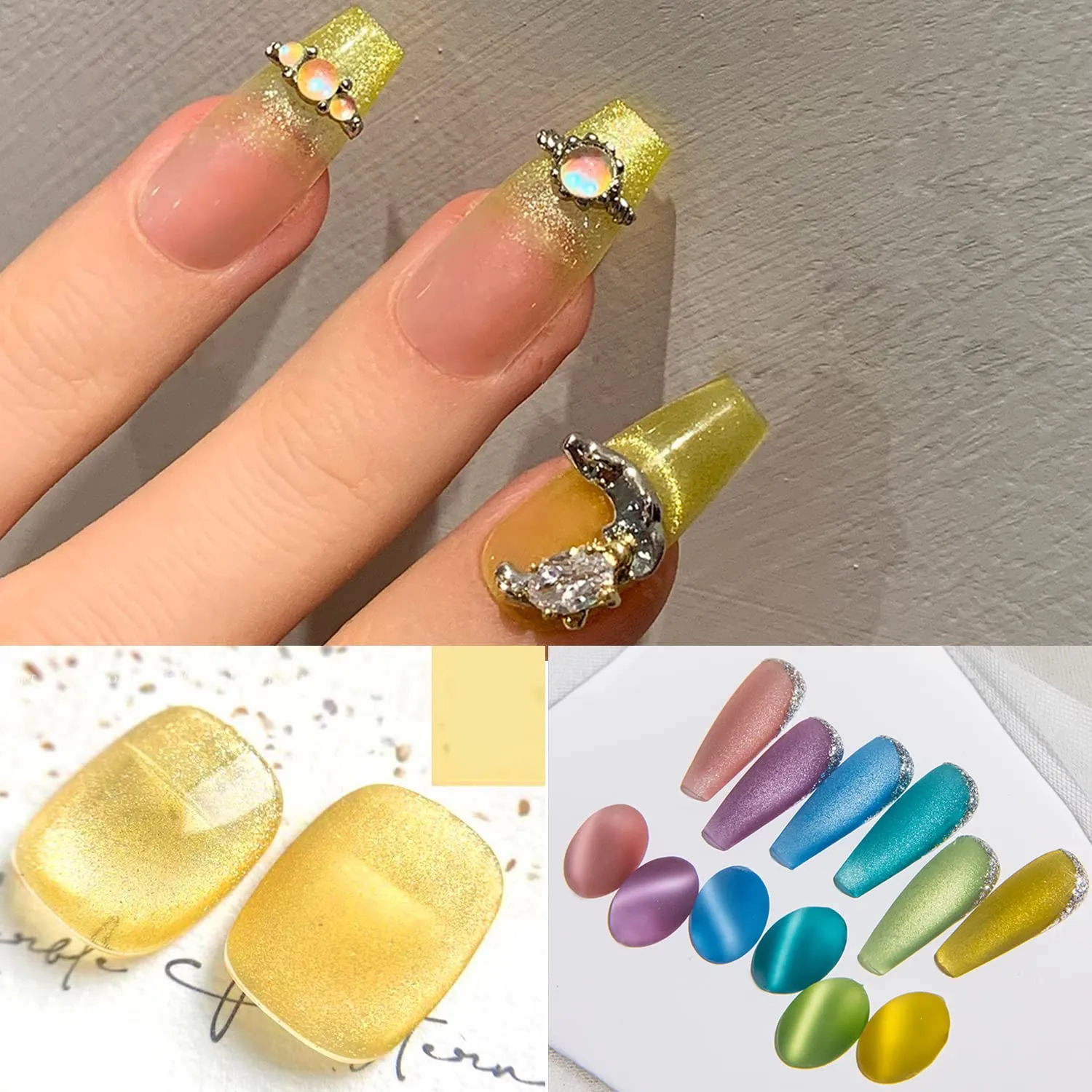 AHAMIOU Crystal Cat Eye Gel Polish Kits Magnetic Nail Polish Set Holographic Cats Eyes Gel Nail Polish Shiny Diamond Glitter Gel with Magnet Stick (Golden Yellow)