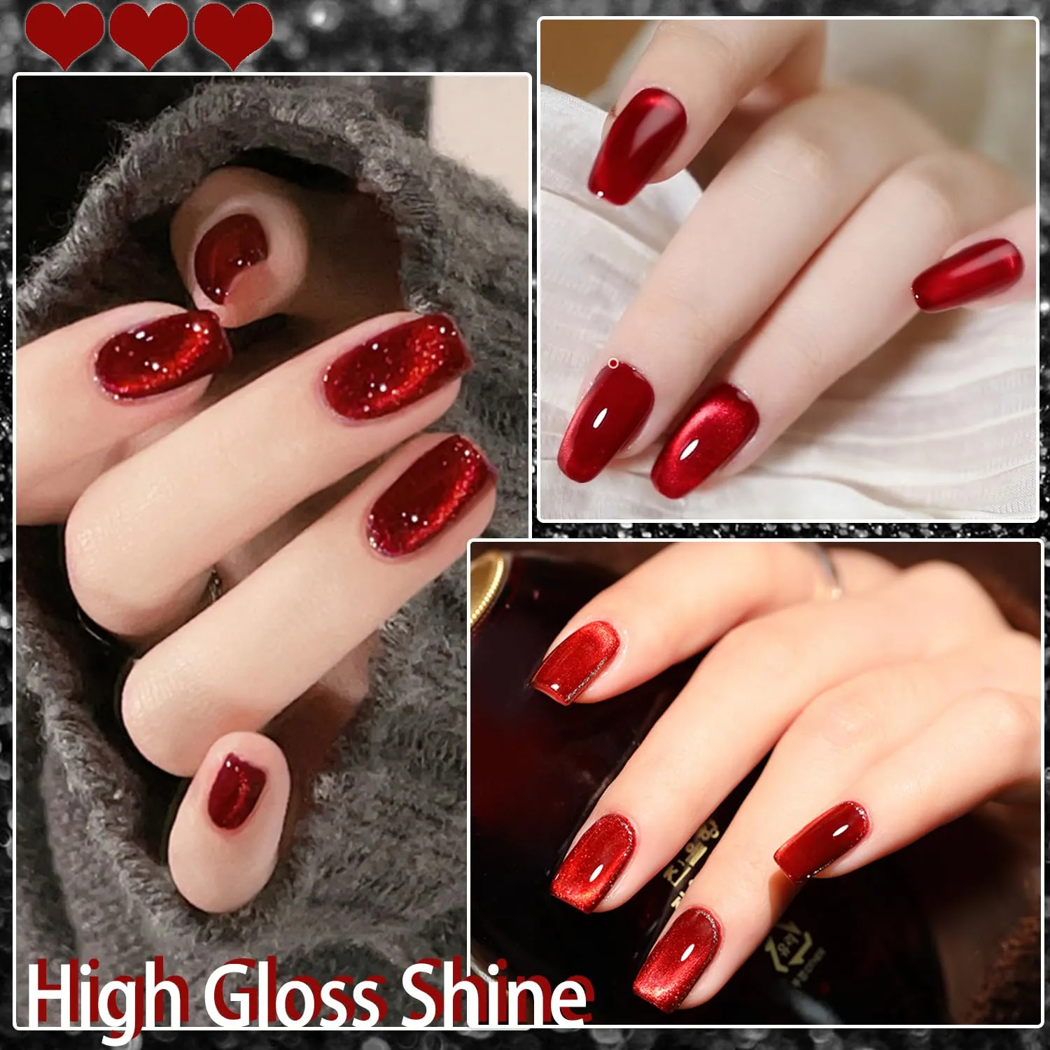 AHAMIOU Crystal Cat Eye Gel Polish Kits Magnetic Nail Polish Set Holographic Cats Eyes Gel Nail Polish Shiny Diamond Glitter Gel with Magnet Stick (Ruby Red)