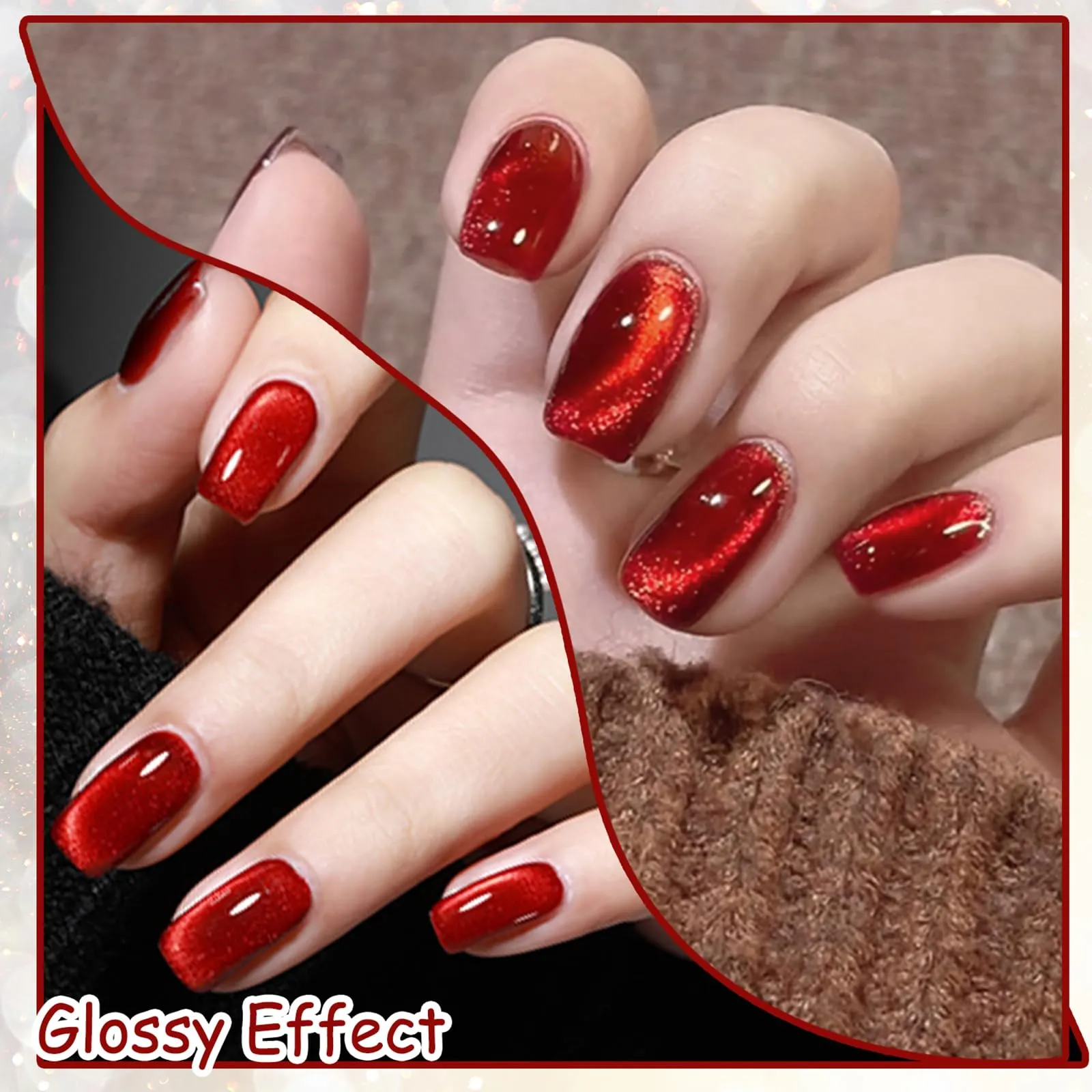 AHAMIOU Crystal Cat Eye Gel Polish Kits Magnetic Nail Polish Set Holographic Cats Eyes Gel Nail Polish Shiny Diamond Glitter Gel with Magnet Stick (Ruby Red)