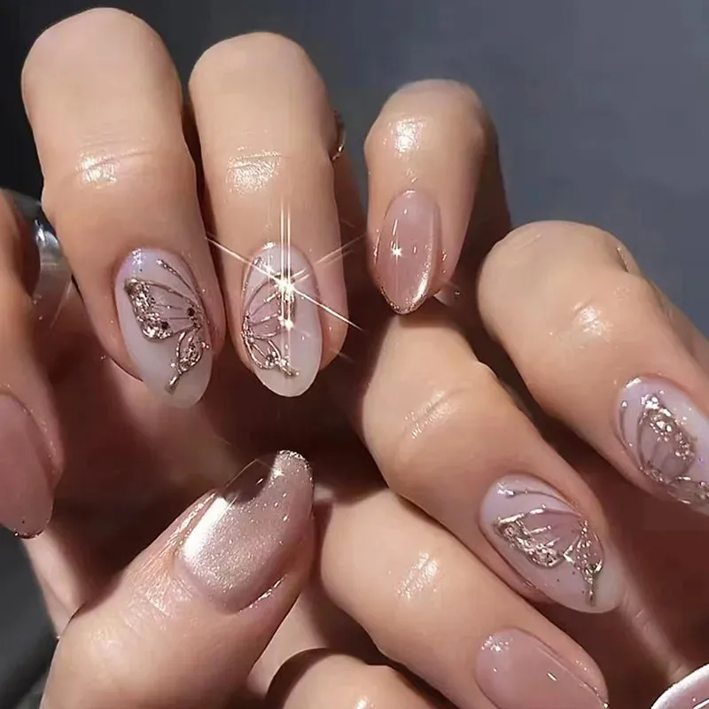 Aiertu 24Pcs Simple Green French False Nails Short Almond Fake Nails with Wave Line Design Wearable Round Head Press on Nail Tips