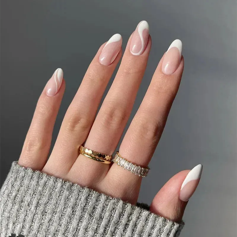 Aiertu 24Pcs Simple Green French False Nails Short Almond Fake Nails with Wave Line Design Wearable Round Head Press on Nail Tips