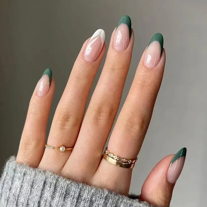 Aiertu 24Pcs Simple Green French False Nails Short Almond Fake Nails with Wave Line Design Wearable Round Head Press on Nail Tips