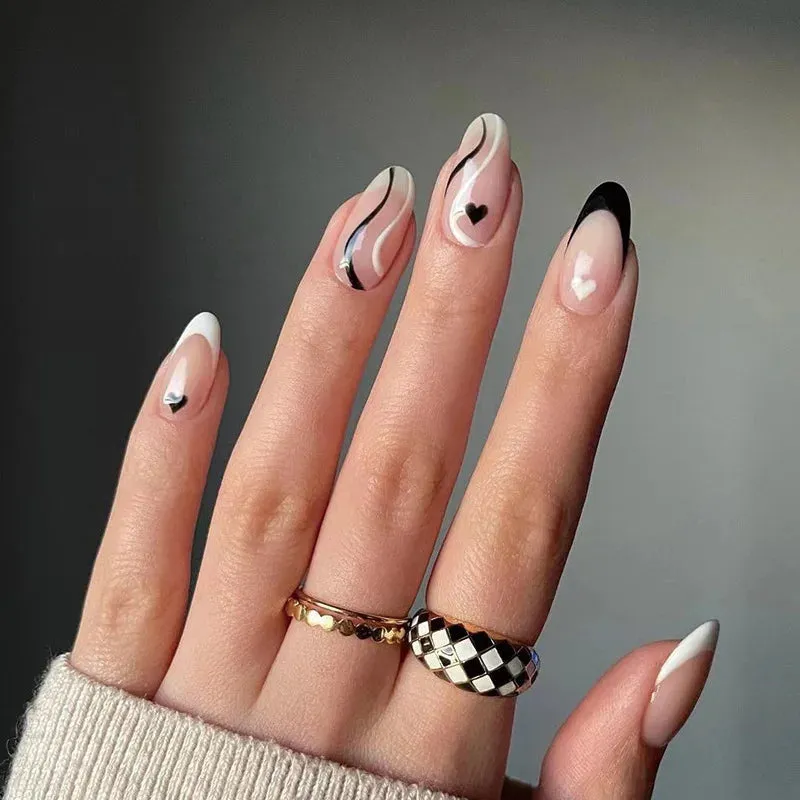 Aiertu 24Pcs Simple Green French False Nails Short Almond Fake Nails with Wave Line Design Wearable Round Head Press on Nail Tips