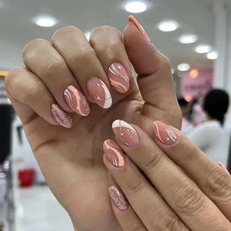 Aiertu 24Pcs Simple Green French False Nails Short Almond Fake Nails with Wave Line Design Wearable Round Head Press on Nail Tips
