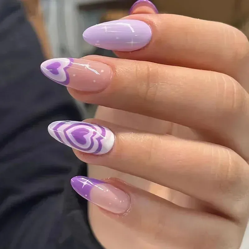 Aiertu 24Pcs Simple Green French False Nails Short Almond Fake Nails with Wave Line Design Wearable Round Head Press on Nail Tips
