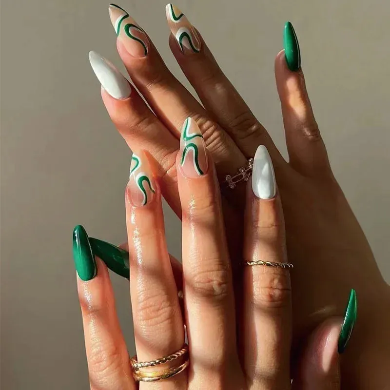 Aiertu 24Pcs Simple Green French False Nails Short Almond Fake Nails with Wave Line Design Wearable Round Head Press on Nail Tips