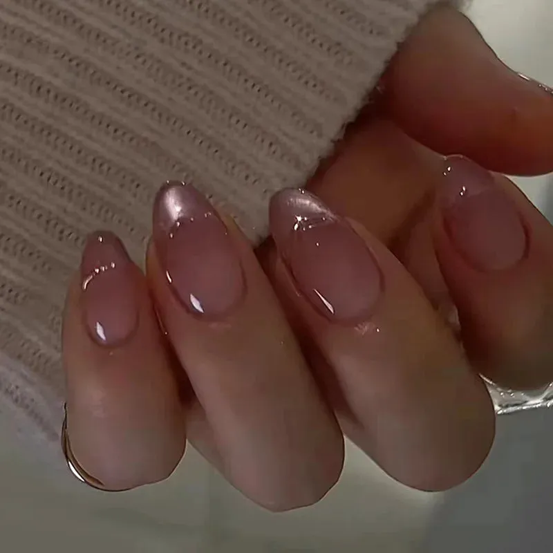 Aiertu 24Pcs Simple Green French False Nails Short Almond Fake Nails with Wave Line Design Wearable Round Head Press on Nail Tips