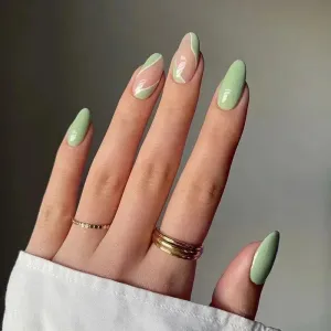 Aiertu 24Pcs Simple Green French False Nails Short Almond Fake Nails with Wave Line Design Wearable Round Head Press on Nail Tips