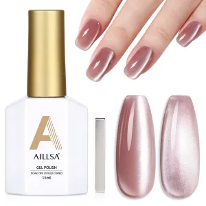 AILLSA Cat Eye Gel Nail Polish Pink Crystal Glitter Gel Polish with Magnet, Nude Burgundy Glass Shimmer Gel Nail Polish Jelly Color Reflective Translucent U V Gel Salon DIY at Home 0.5 OZ GF25