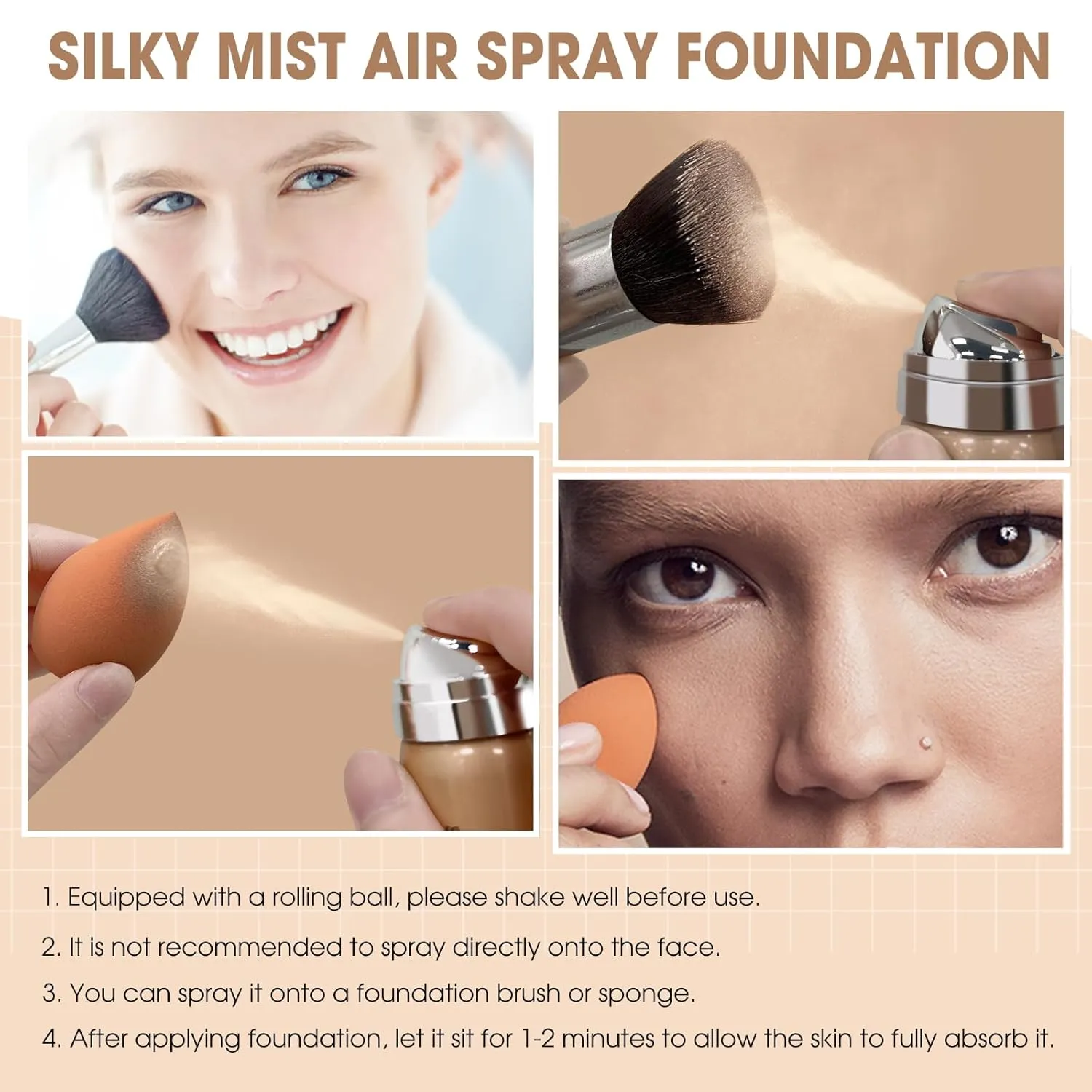 AirBrush Foundation Spray, Silky Mist Spray Makeup Kit with Brush, Full Coverage Foundation for Smooth Radiant Finish, Formula Breathable Lightweight Hydrating | #A01 Ivory