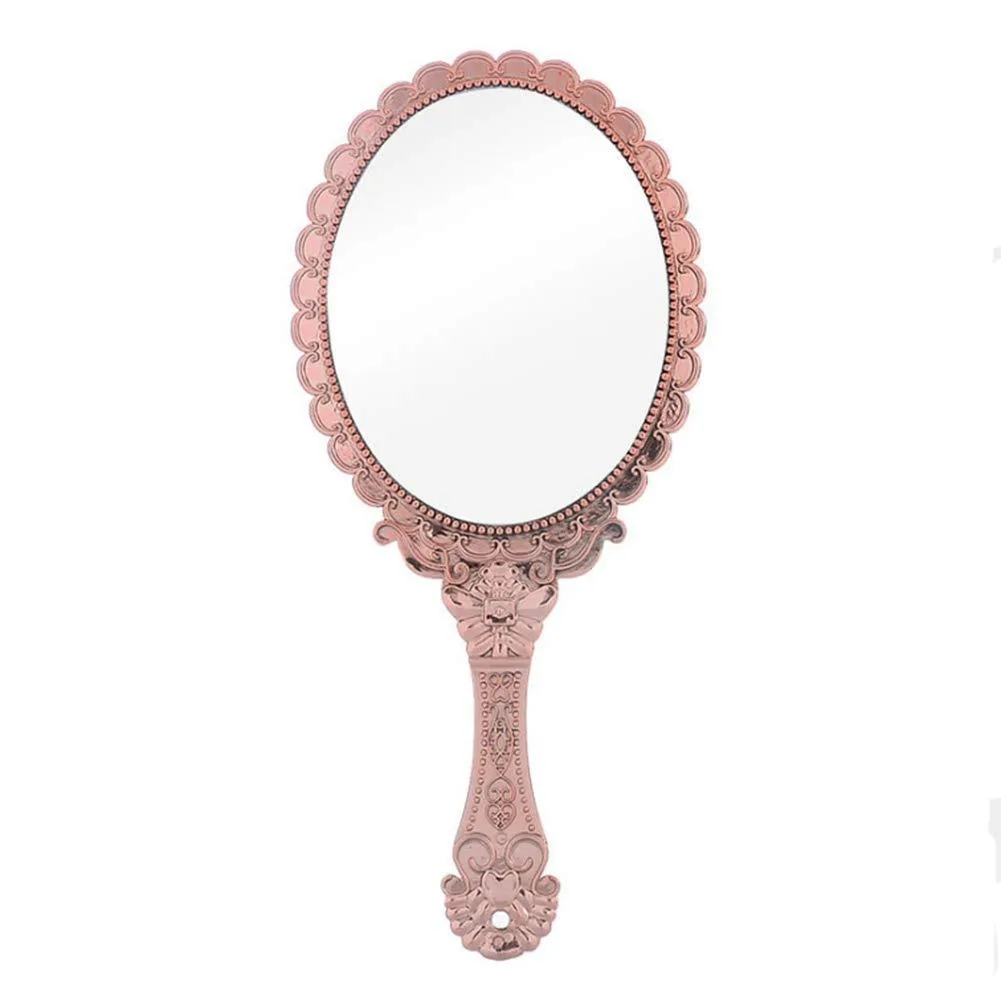 AKOAK 1 Pack Creative Retro Pattern Handle Makeup Mirror Portable Carry-on Lace Mirror Hand-held Mirror Makeup Tool (Rose Gold) Rose Gold