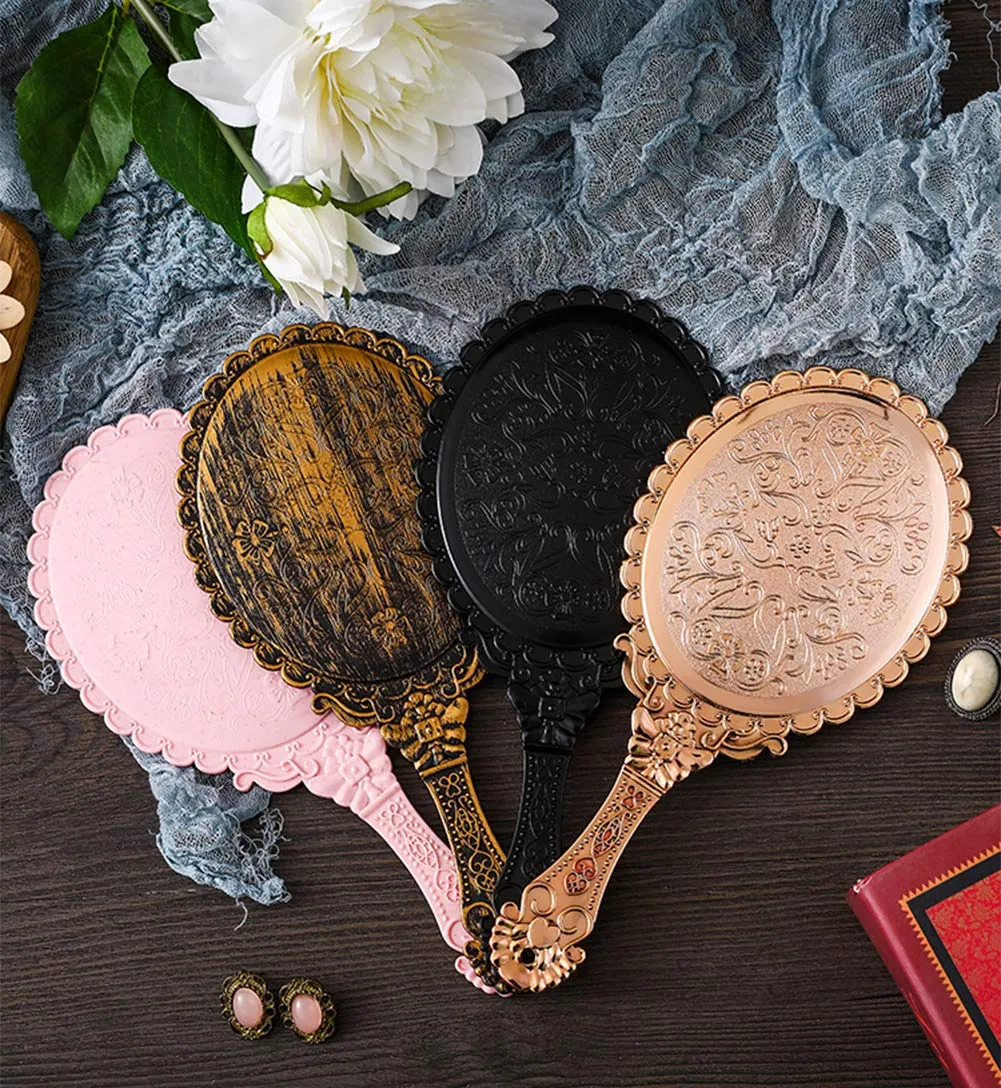 AKOAK 1 Pack Creative Retro Pattern Handle Makeup Mirror Portable Carry-on Lace Mirror Hand-held Mirror Makeup Tool (Rose Gold) Rose Gold