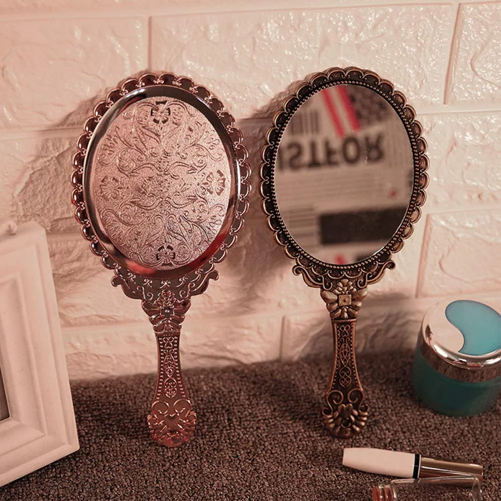 AKOAK 1 Pack Creative Retro Pattern Handle Makeup Mirror Portable Carry-on Lace Mirror Hand-held Mirror Makeup Tool (Rose Gold) Rose Gold