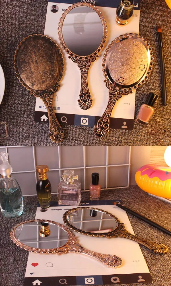 AKOAK 1 Pack Creative Retro Pattern Handle Makeup Mirror Portable Carry-on Lace Mirror Hand-held Mirror Makeup Tool (Rose Gold) Rose Gold