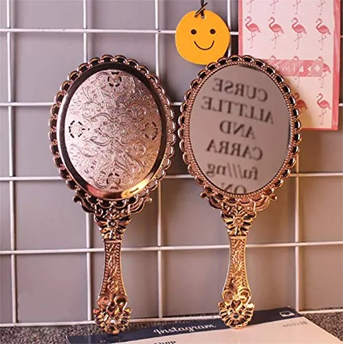 AKOAK 1 Pack Creative Retro Pattern Handle Makeup Mirror Portable Carry-on Lace Mirror Hand-held Mirror Makeup Tool (Rose Gold) Rose Gold