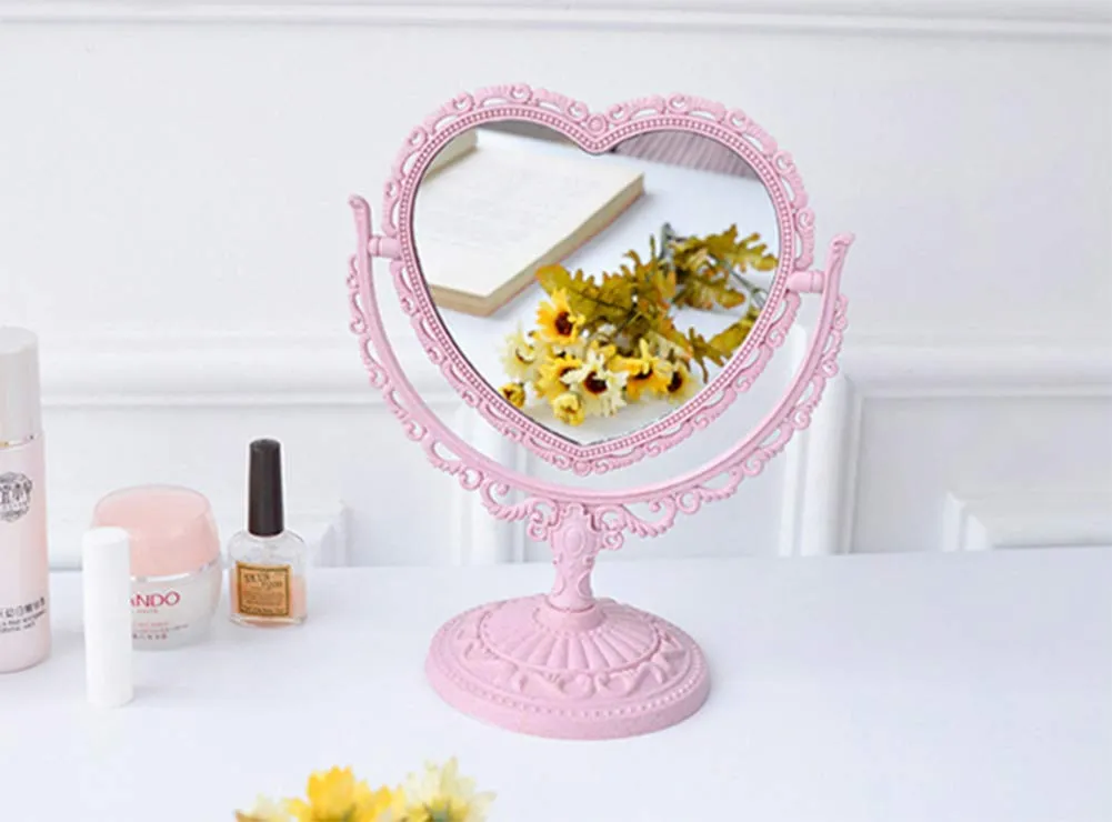 AKOAK 1 Pack Simple and Detachable Double-Face Heart-Shaped Makeup Mirror Can Rotate The Dressing Table（Four-Color） (Pink) Pink
