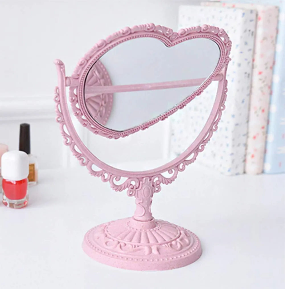 AKOAK 1 Pack Simple and Detachable Double-Face Heart-Shaped Makeup Mirror Can Rotate The Dressing Table（Four-Color） (Pink) Pink