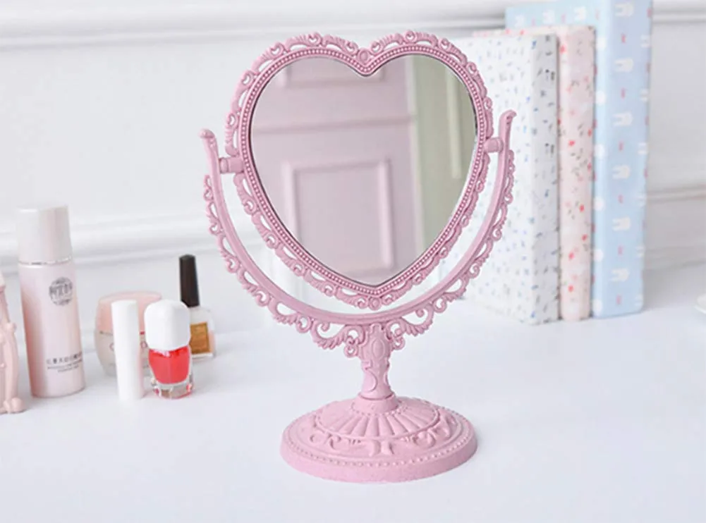 AKOAK 1 Pack Simple and Detachable Double-Face Heart-Shaped Makeup Mirror Can Rotate The Dressing Table（Four-Color） (Pink) Pink