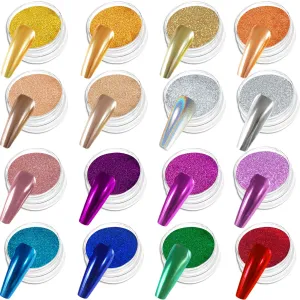 Allstarry Chrome Nail Powder 16 Colors Metallic Mirror Effect Powder Manicure White Chrome Pigment Powder Magic Glitter Dust Kit for Gel Polish Nail Art Decoration with 16 Sponge Sticks